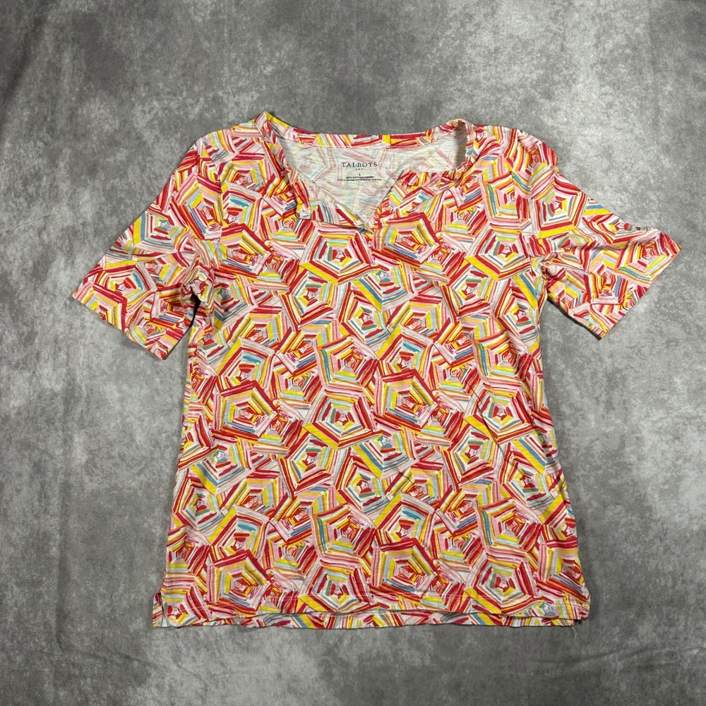 Talbots Womens Small Red Yellow Geometric Print Cotton Split Neck Top Resort